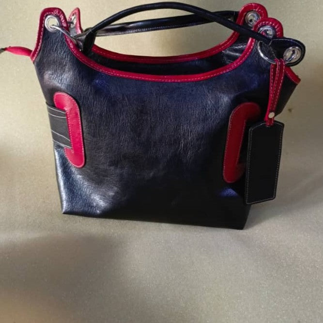 Sac à main cuir femme fait main noir et rouge, élégant, double lanière, artisanal