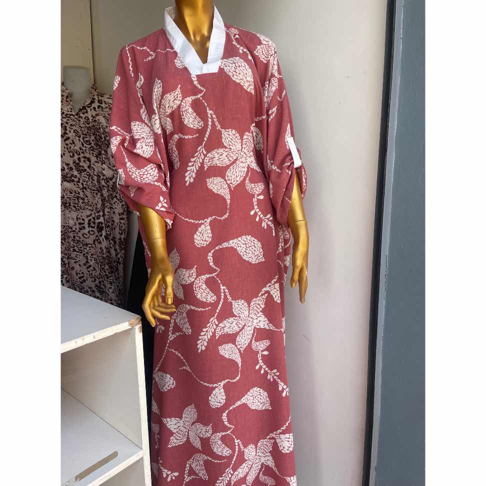 Tunique longue femme col V manches 3/4 imprimé floral rouge brique