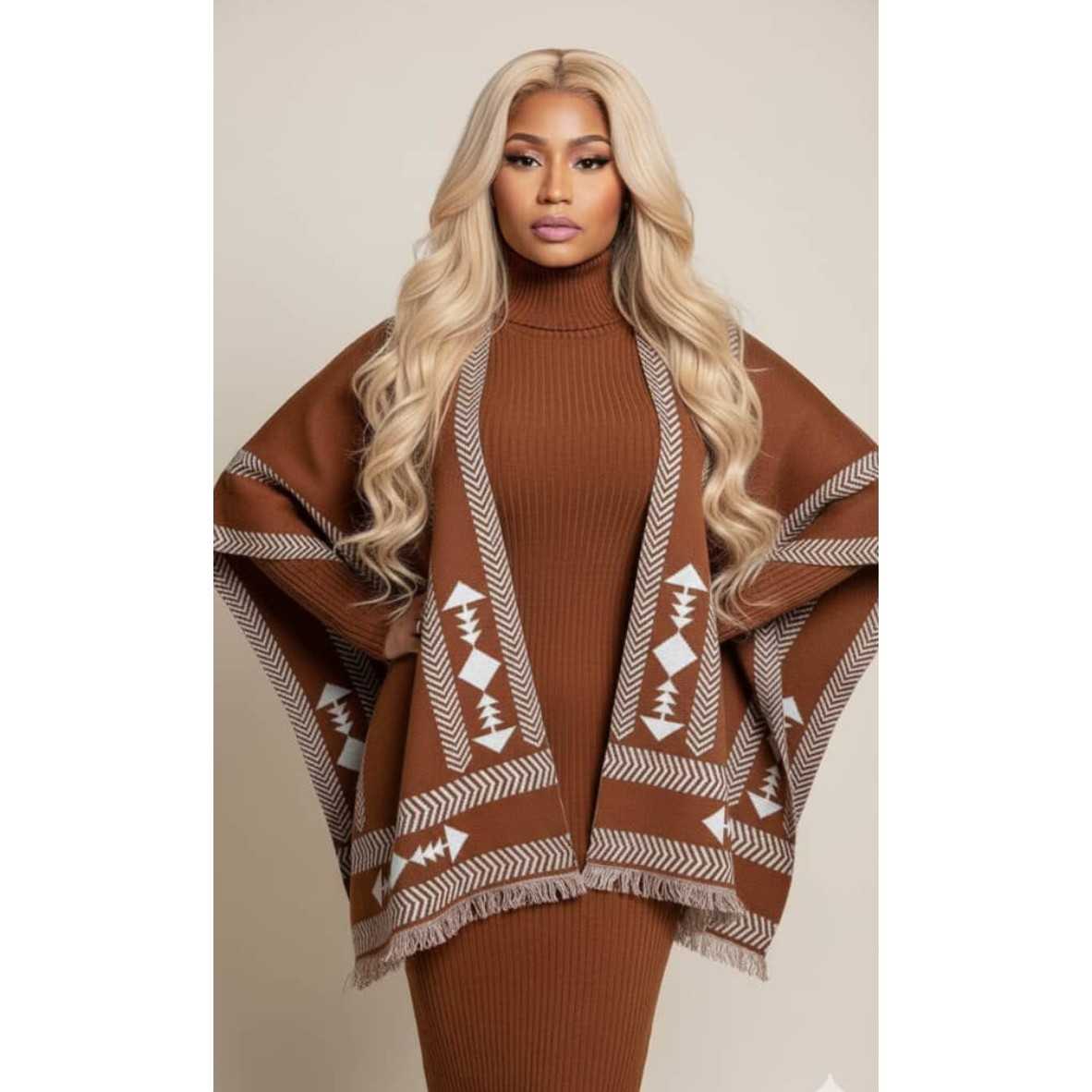 Poncho femme chaud bohème chic, motif géométrique, marron et beige