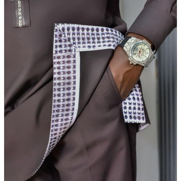 Costume africain homme 3 pièces noir élégant avec pagne tissé moderne