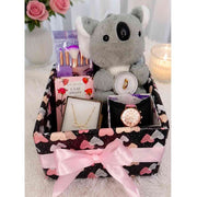 Coffret cadeau femme chic Noir Rose avec peluche et bijoux, idée cadeau original