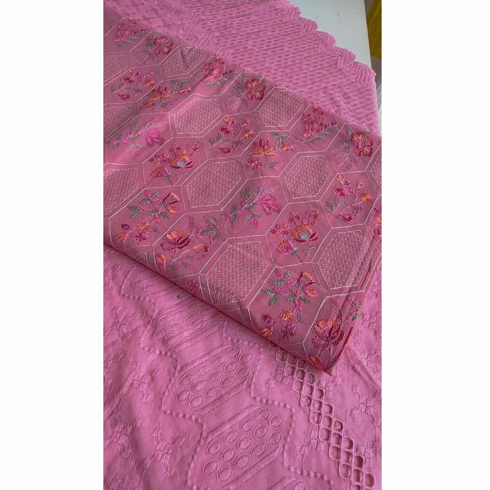 Tissu rubia coton chic rose brodé fleurs, idéal cérémonie et haute couture