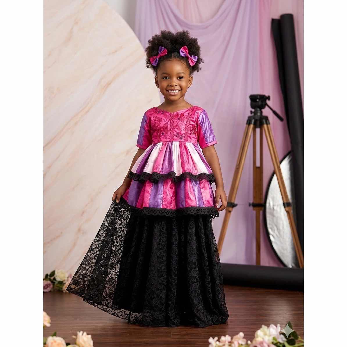 Robe princesse fille dentelle rose noire, haut et jupe élégants cérémonie