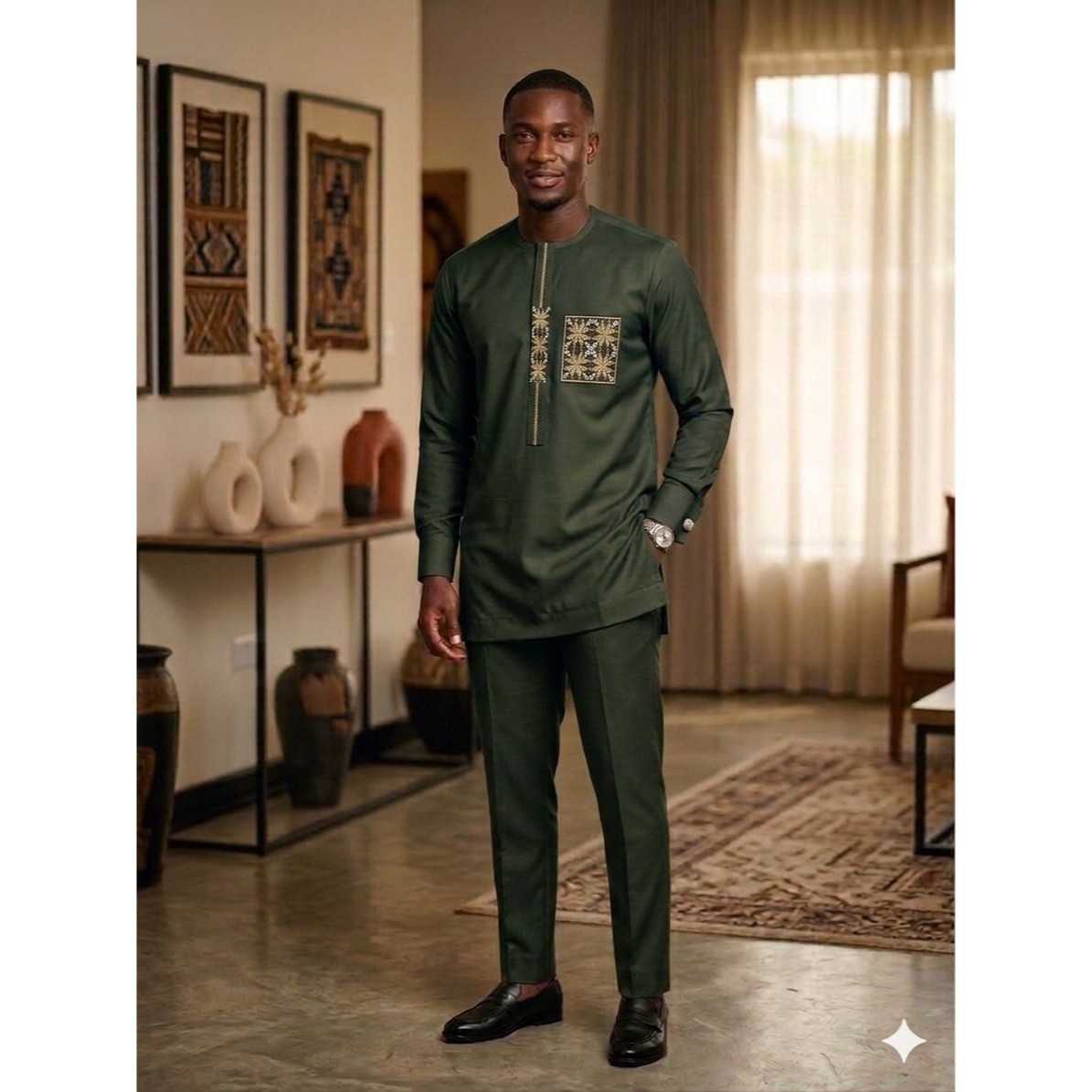 Tunique homme élégante bleu, tenue traditionnelle chic, coton polyester