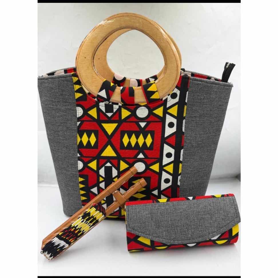 Sac à main noir et blanc motifs géométriques avec portefeuille assorti