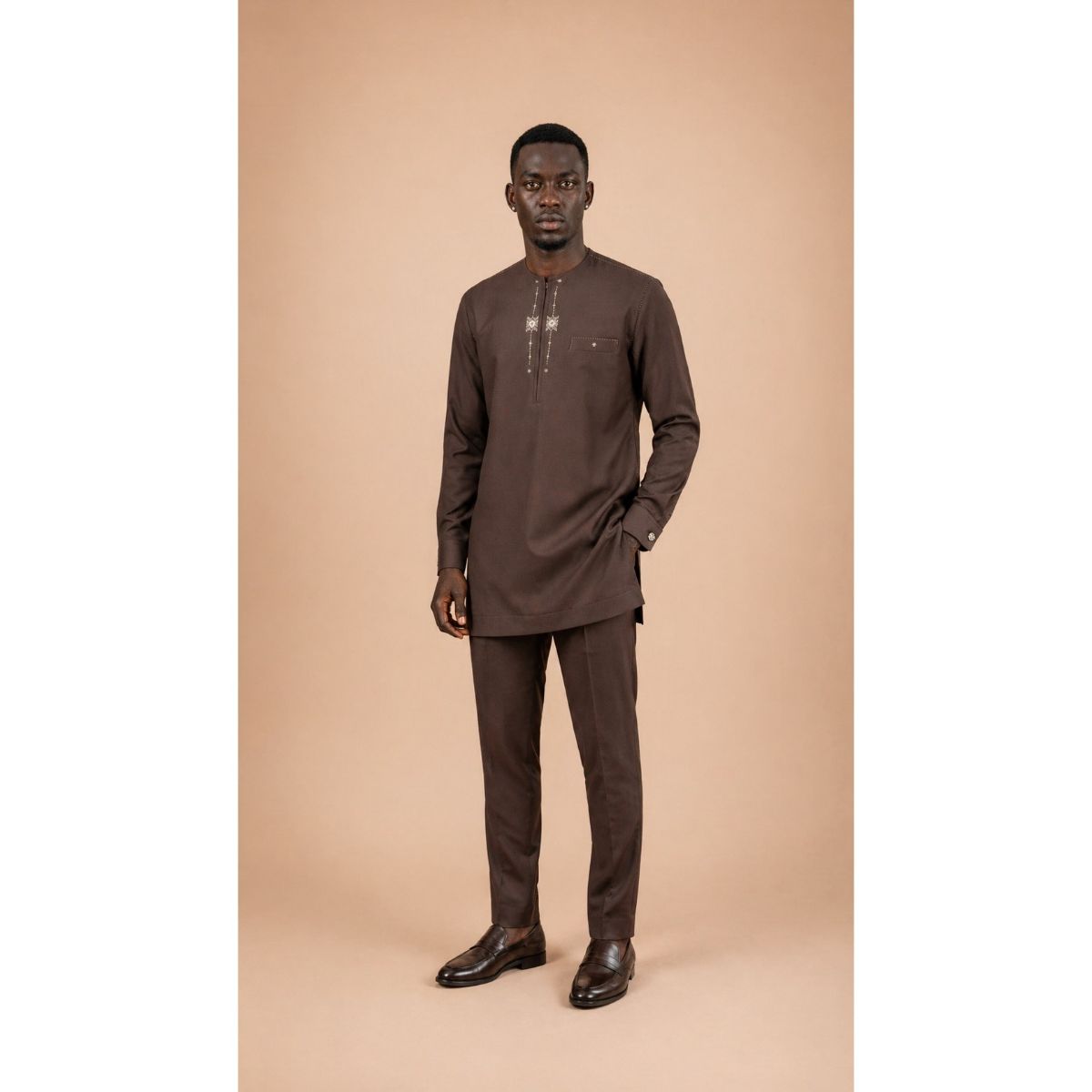 Ensemble homme marron élégant – Tenue traditionnelle moderne deux pièces