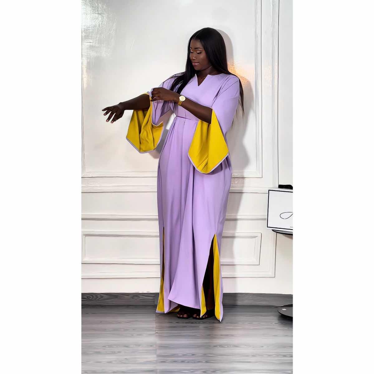 Jelaba femme soie de Médine violet et jaune