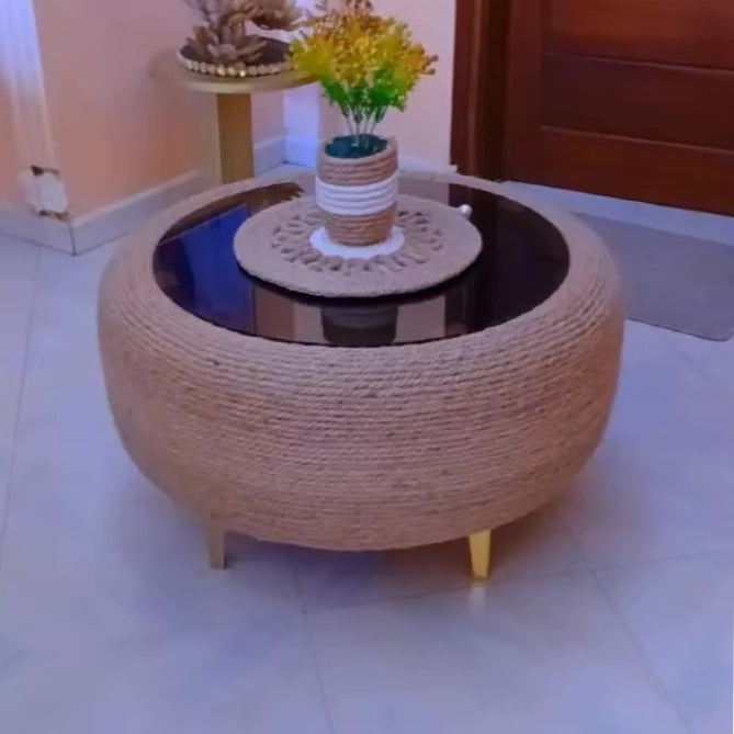 Table Basse Ronde en Corde Naturelle et Plateau en Verre Noir