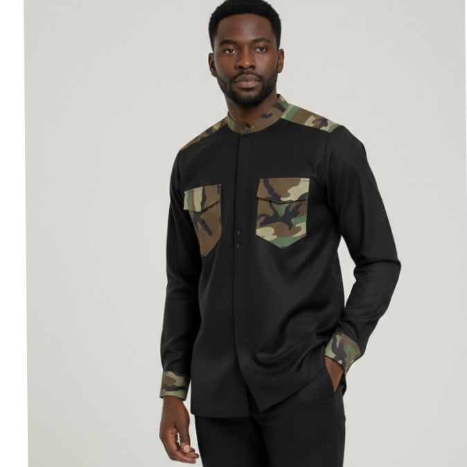 Chemise homme avec poche rabat et motifs militaires