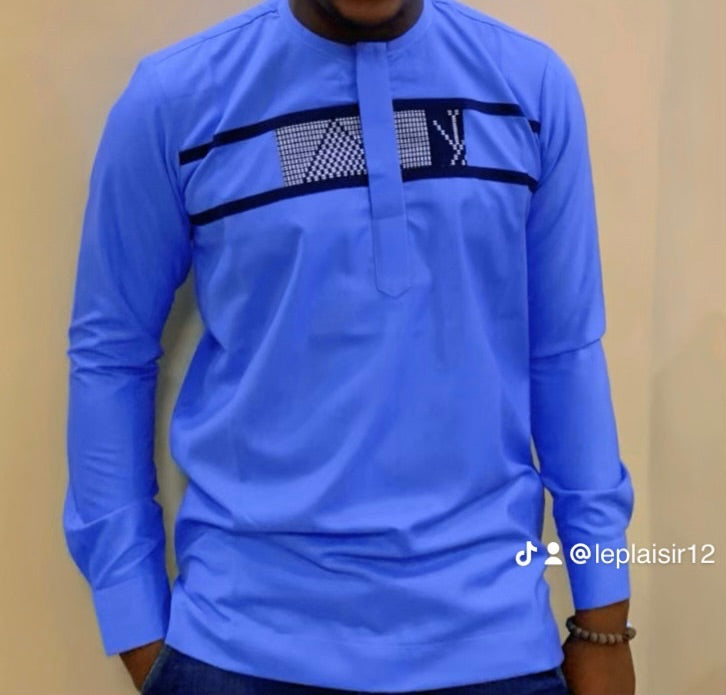 Haut homme bleu col mao en coton