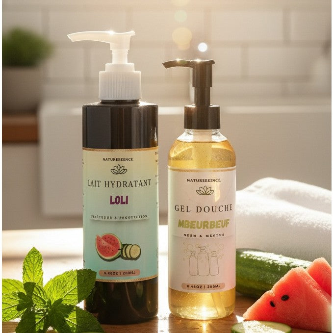 Duo lait hydratant naturel &amp; gel douche purifiant – Soin fraîcheur vegan