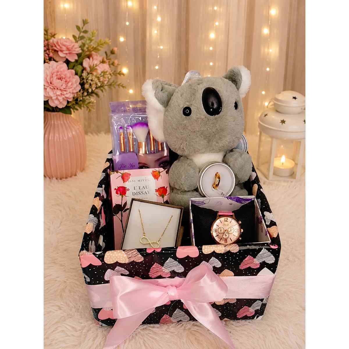 Coffret cadeau femme chic Noir Rose avec peluche et bijoux, idée cadeau original