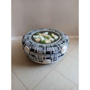 Table basse design moderne ronde noire et blanche, motif géométrique chic