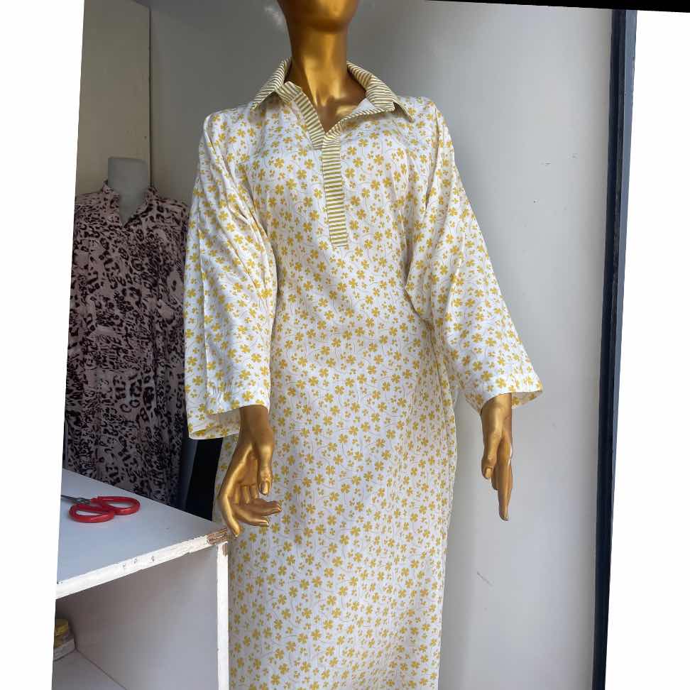 Tunique longue femme col chemise, coton floral, ample et élégante