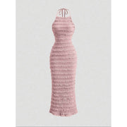 Robe été femme longue rose poudré, élégante col halter, chic et légère