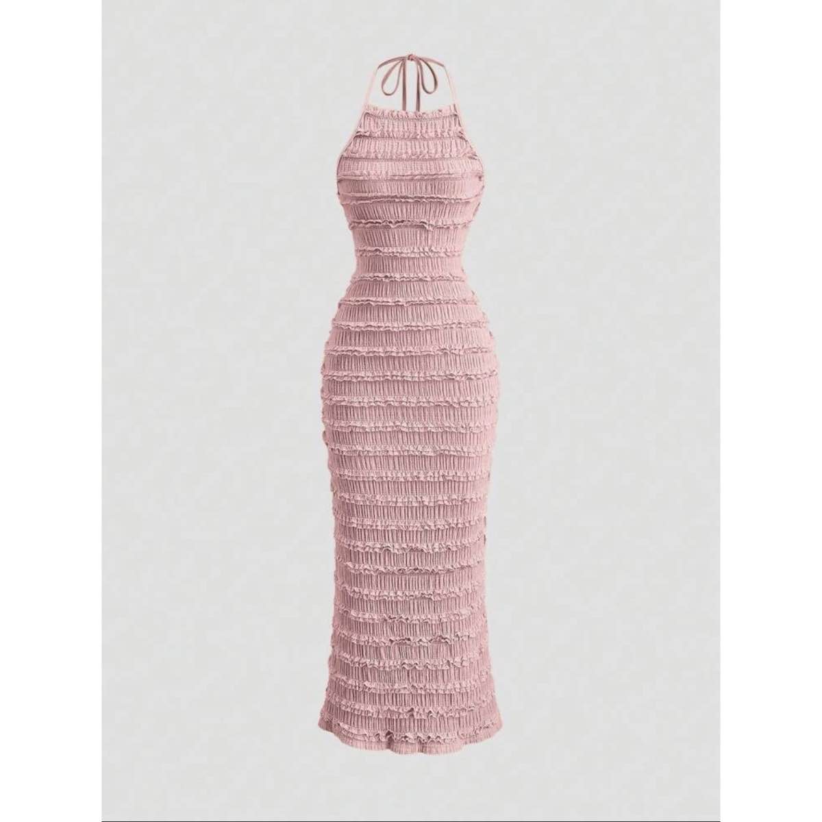 Robe été femme longue rose poudré, élégante col halter, chic et légère