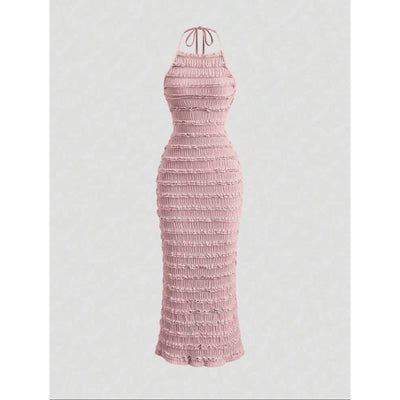 Robe été femme longue rose poudré, élégante col halter, chic et légère