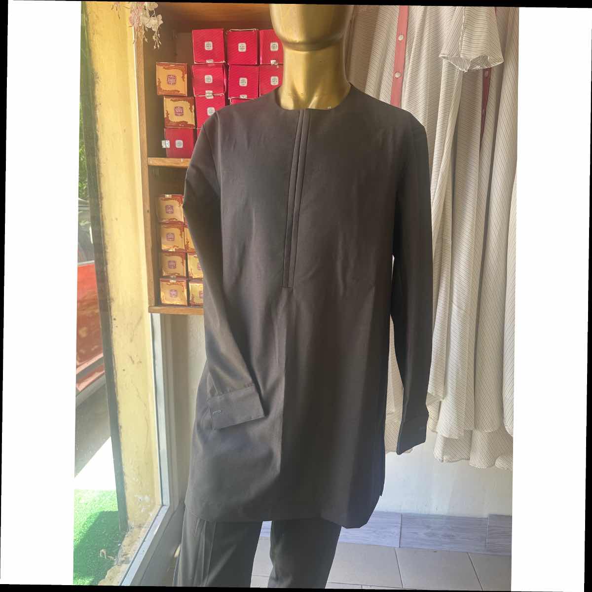 Costume africain homme marron élégant, ensemble traditionnel coton S à XXXL