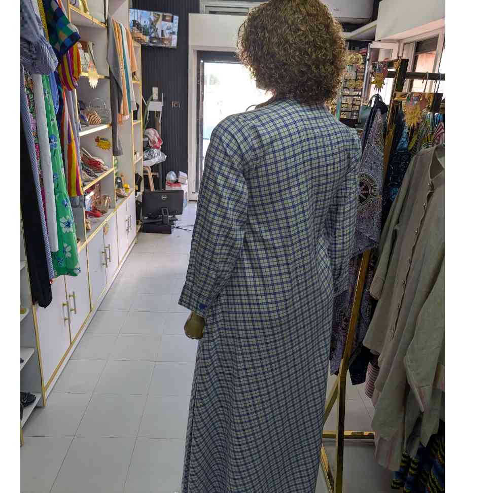 Robe chemise longue femme bleu blanc à carreaux, ample coton avec poches