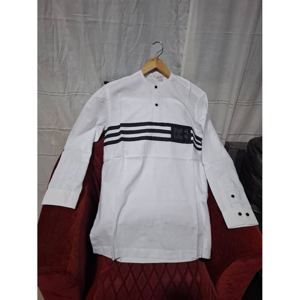 Chemise homme coton blanche col mao et pagne tissé manches longues