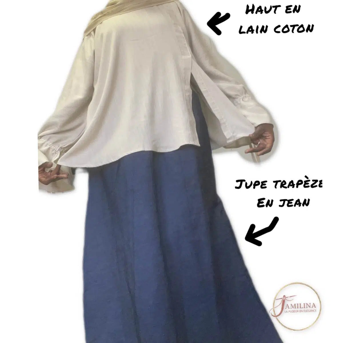 Jupe longue en jean femme et haut laine coton