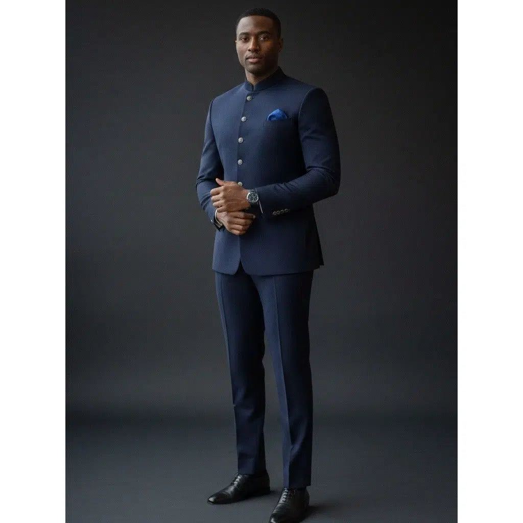 Costume africain homme bleu marine col officier élégant cérémonie mariages