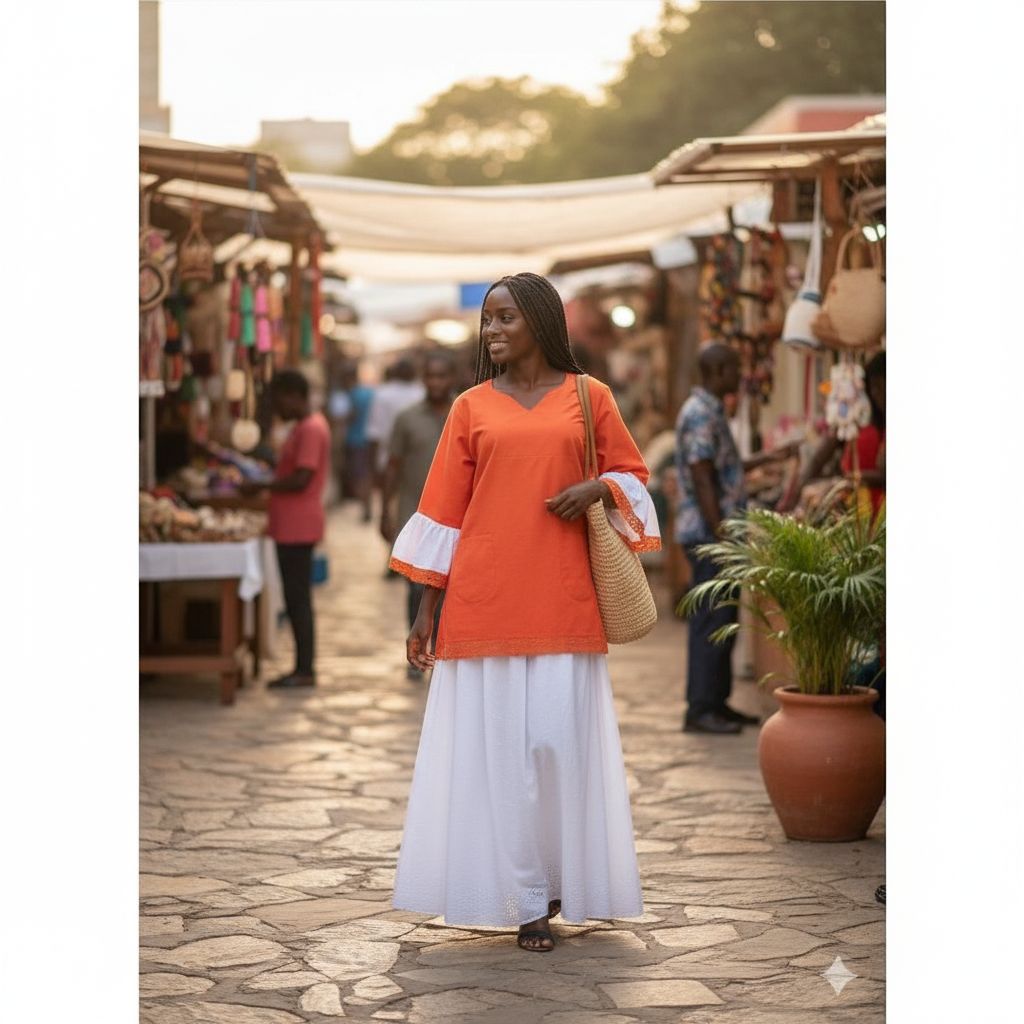 Jupe blanche coton femme et haut orange – Ensemble bohème chic été élégant