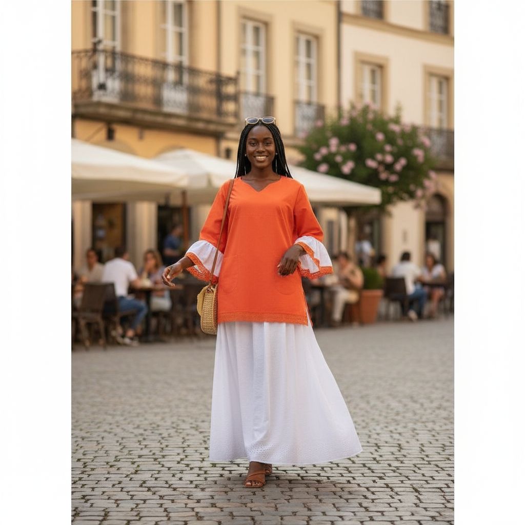 Jupe blanche coton femme et haut orange – Ensemble bohème chic été élégant