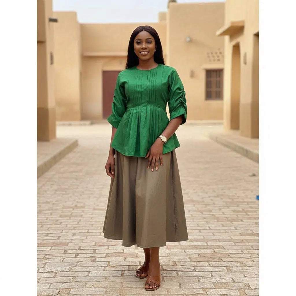 Jupe coton kaki femme 3/4 et haut chantoum vert