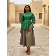 Jupe coton kaki femme 3/4 et haut chantoum vert