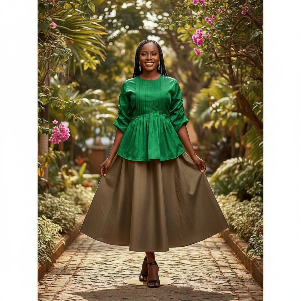 Jupe coton kaki femme 3/4 et haut chantoum vert