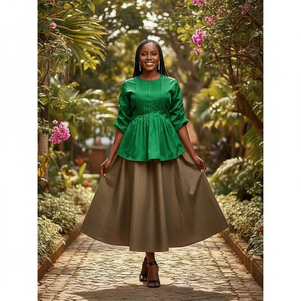 Jupe coton kaki femme 3/4 et haut chantoum vert