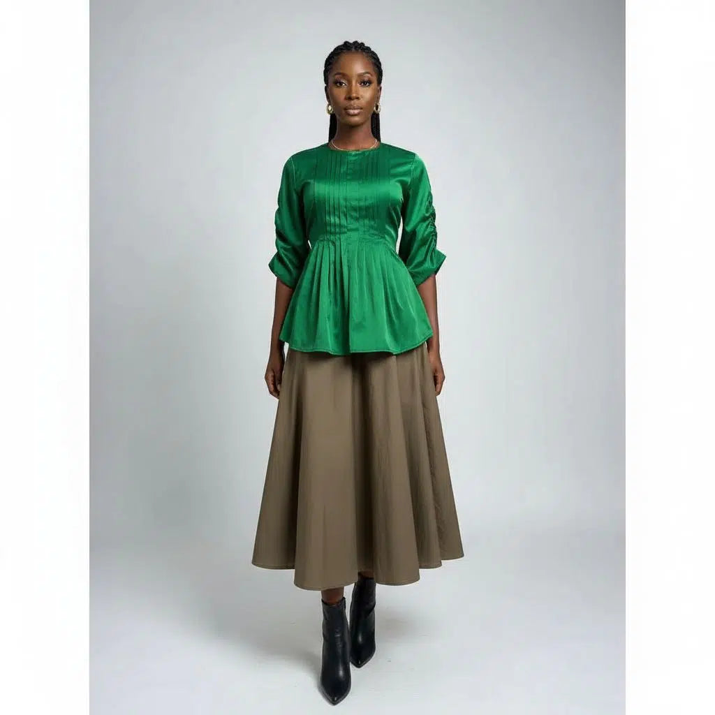 Jupe coton kaki femme 3/4 et haut chantoum vert