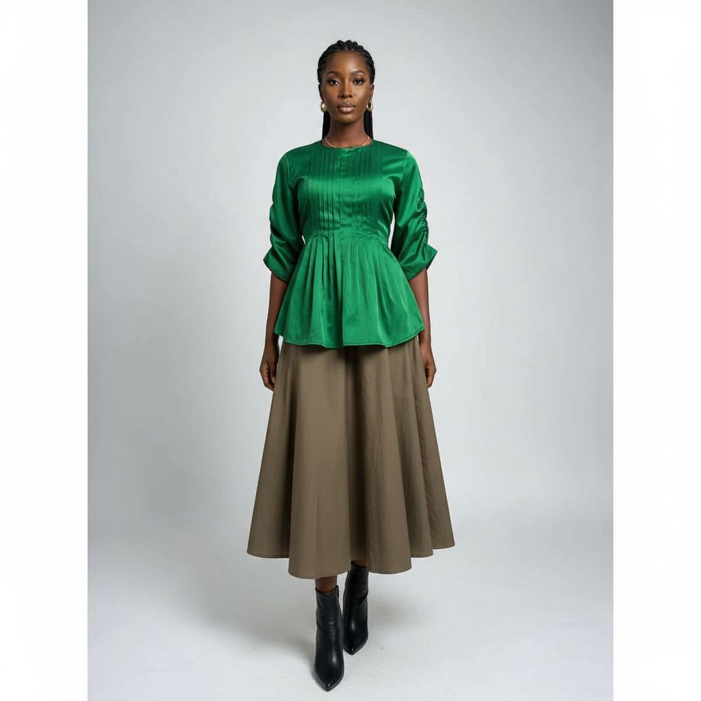 Jupe coton kaki femme 3/4 et haut chantoum vert