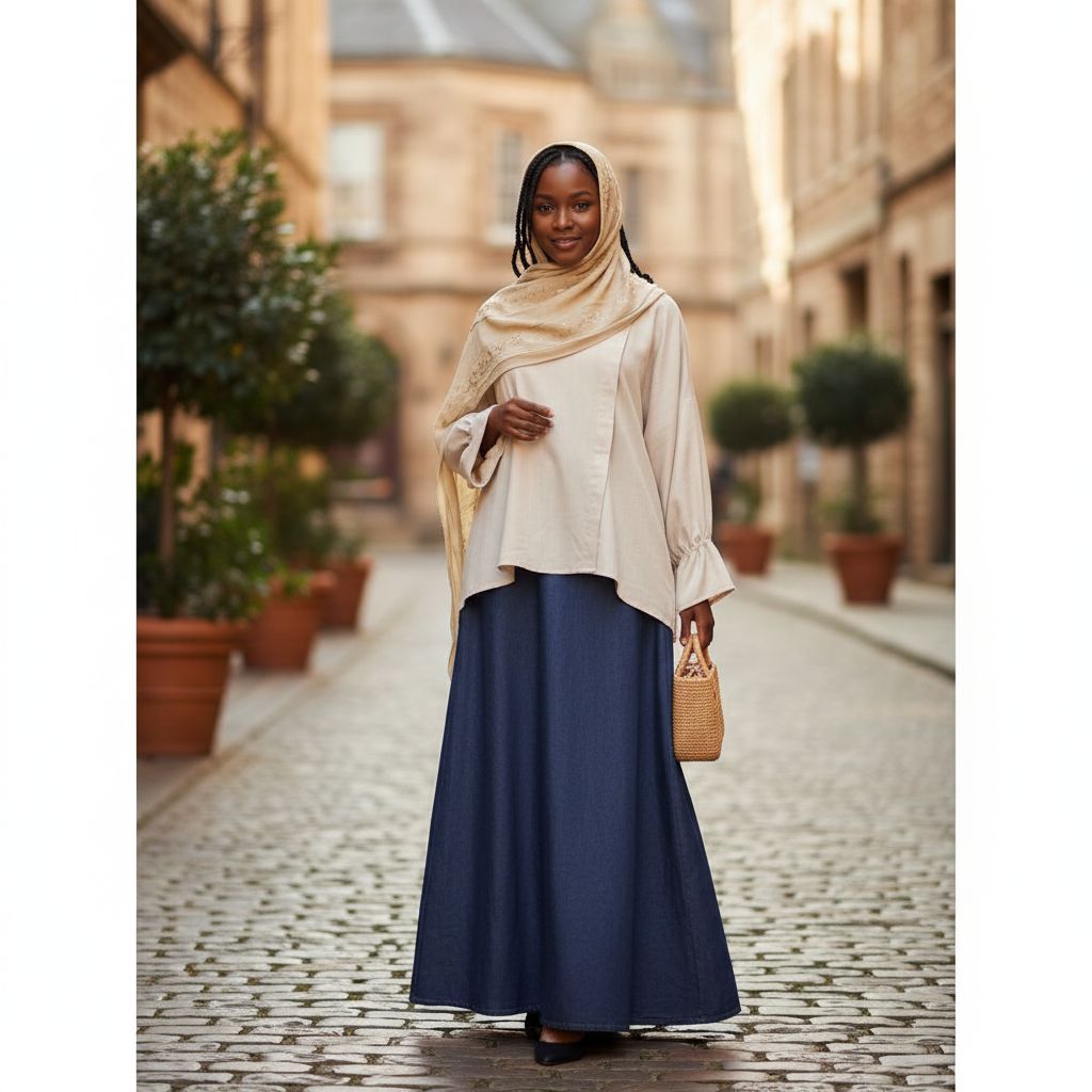 Jupe longue en jean femme et haut laine coton