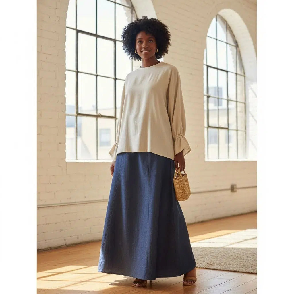 Jupe longue en jean femme et haut laine coton