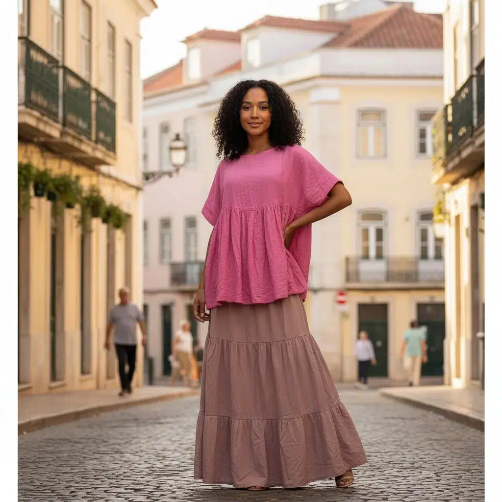 Jupe longue rose femme et haut coton ample