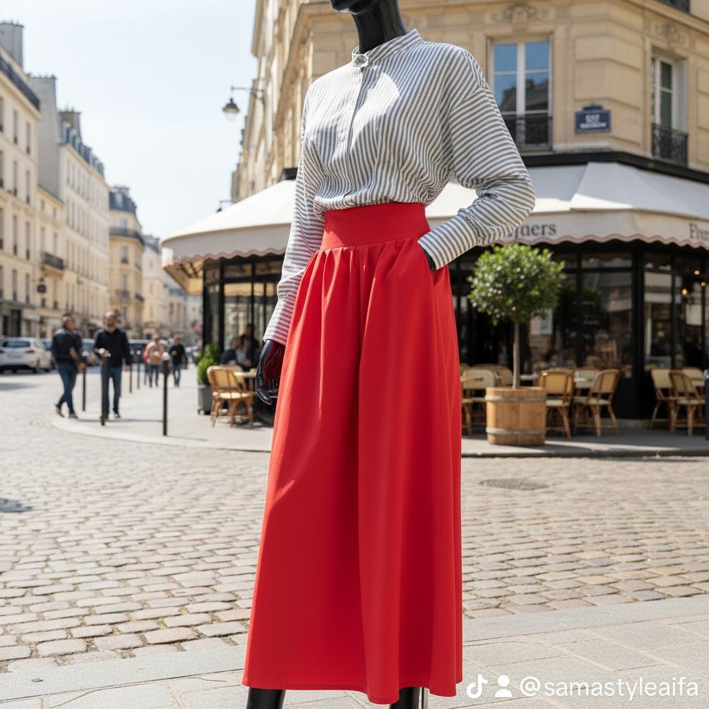 Jupe longue rouge femme & chemise lin rayée – Ensemble chic tendance