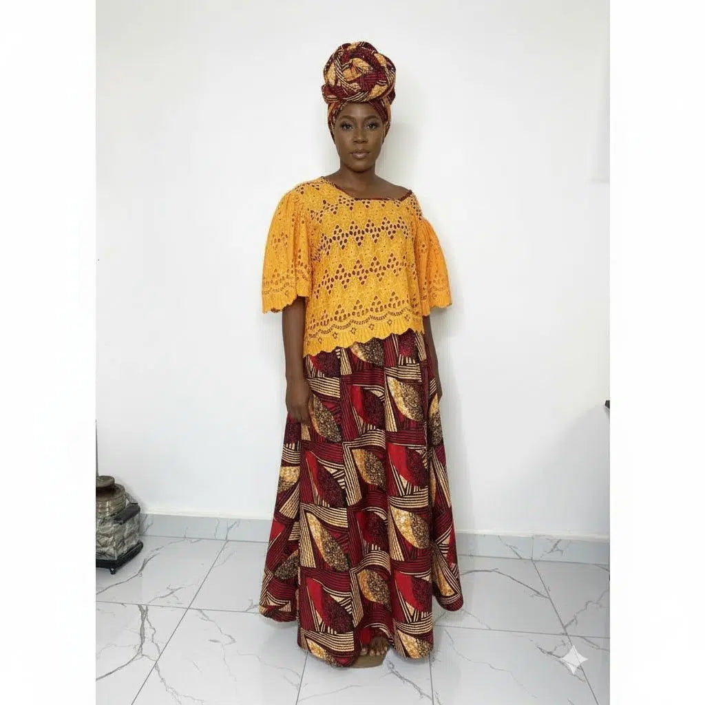 Jupe wax femme longue et haut brodé – Ensemble africain chic cérémonie