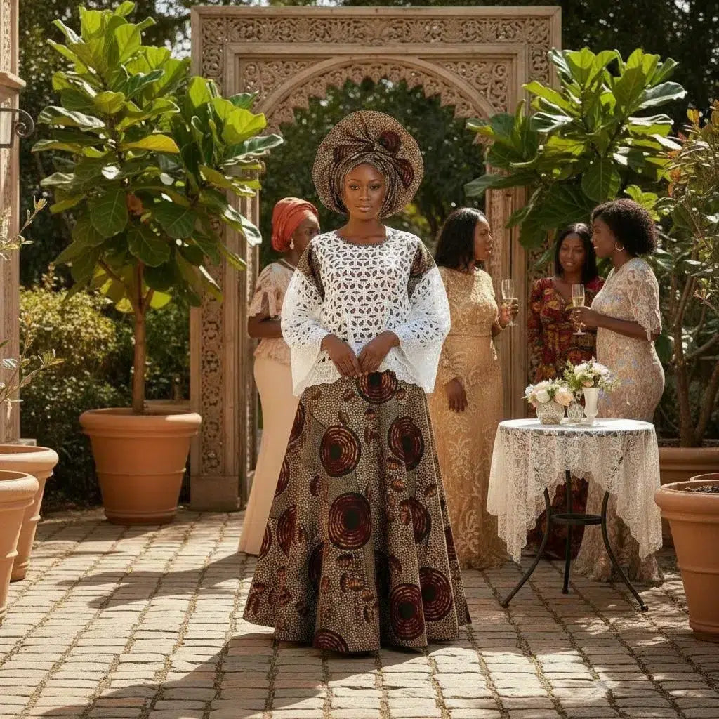 Jupe wax femme évasée &amp; haut brodé – Ensemble africain chic cérémonie