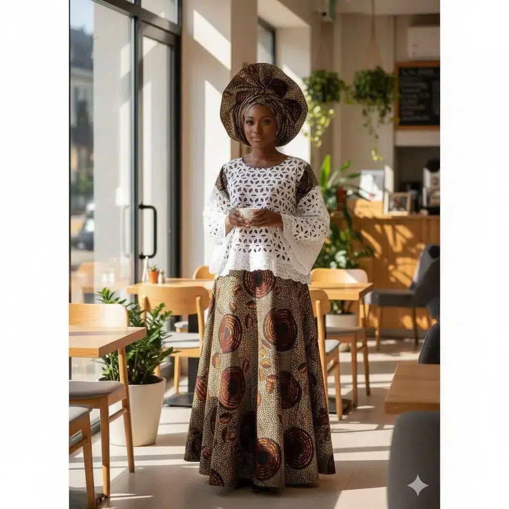 Jupe wax femme évasée &amp; haut brodé – Ensemble africain chic cérémonie