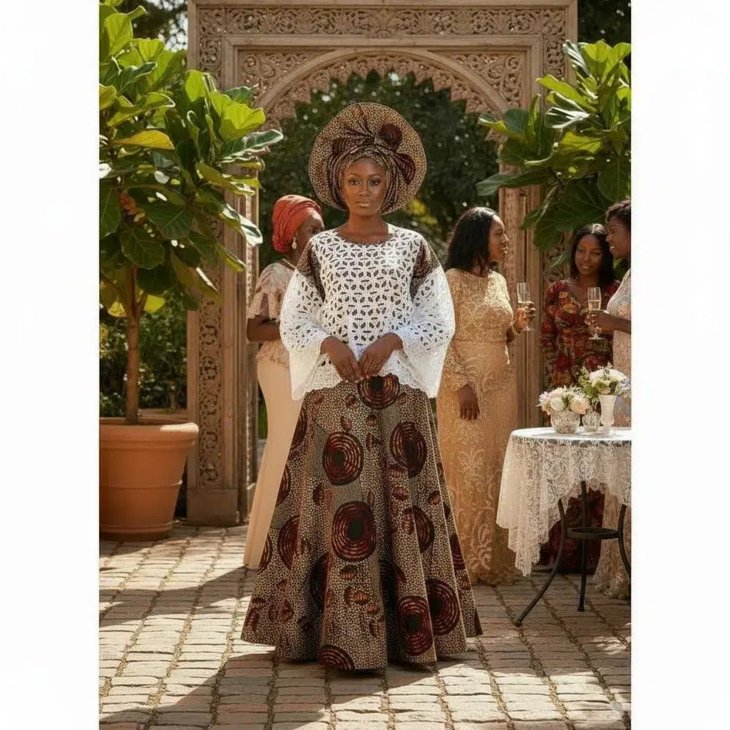 Jupe wax femme évasée &amp; haut brodé – Ensemble africain chic cérémonie