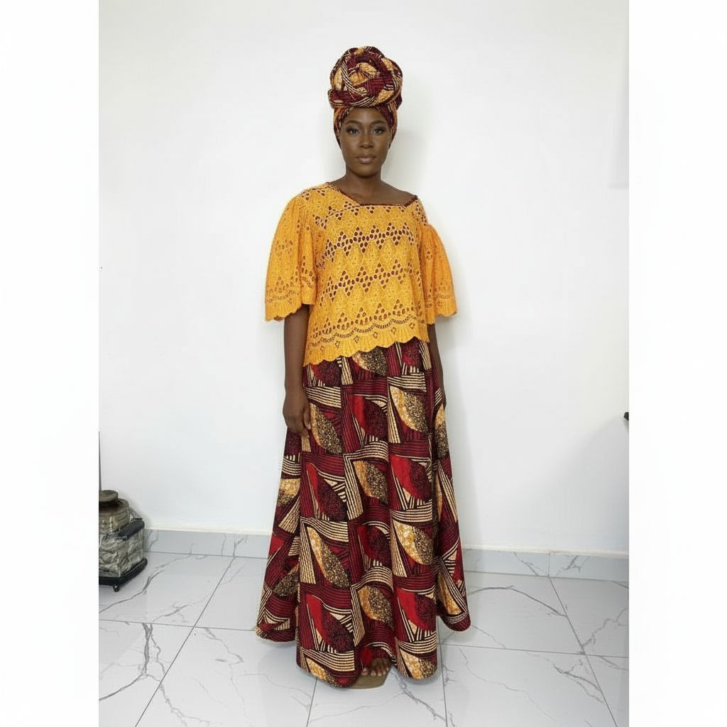 Jupe wax femme longue et haut brodé – Ensemble africain chic cérémonie