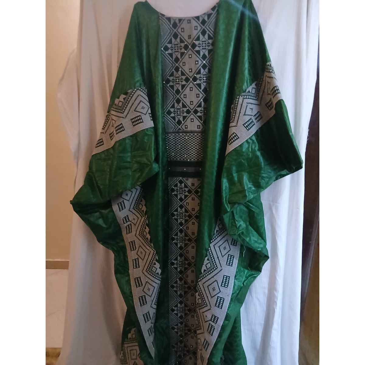 Boubou femme cérémonie vert, robe africaine mariage pagne tissé élégant