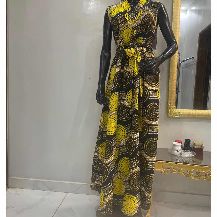 Robe wax femme longue jaune et noire avec ceinture
