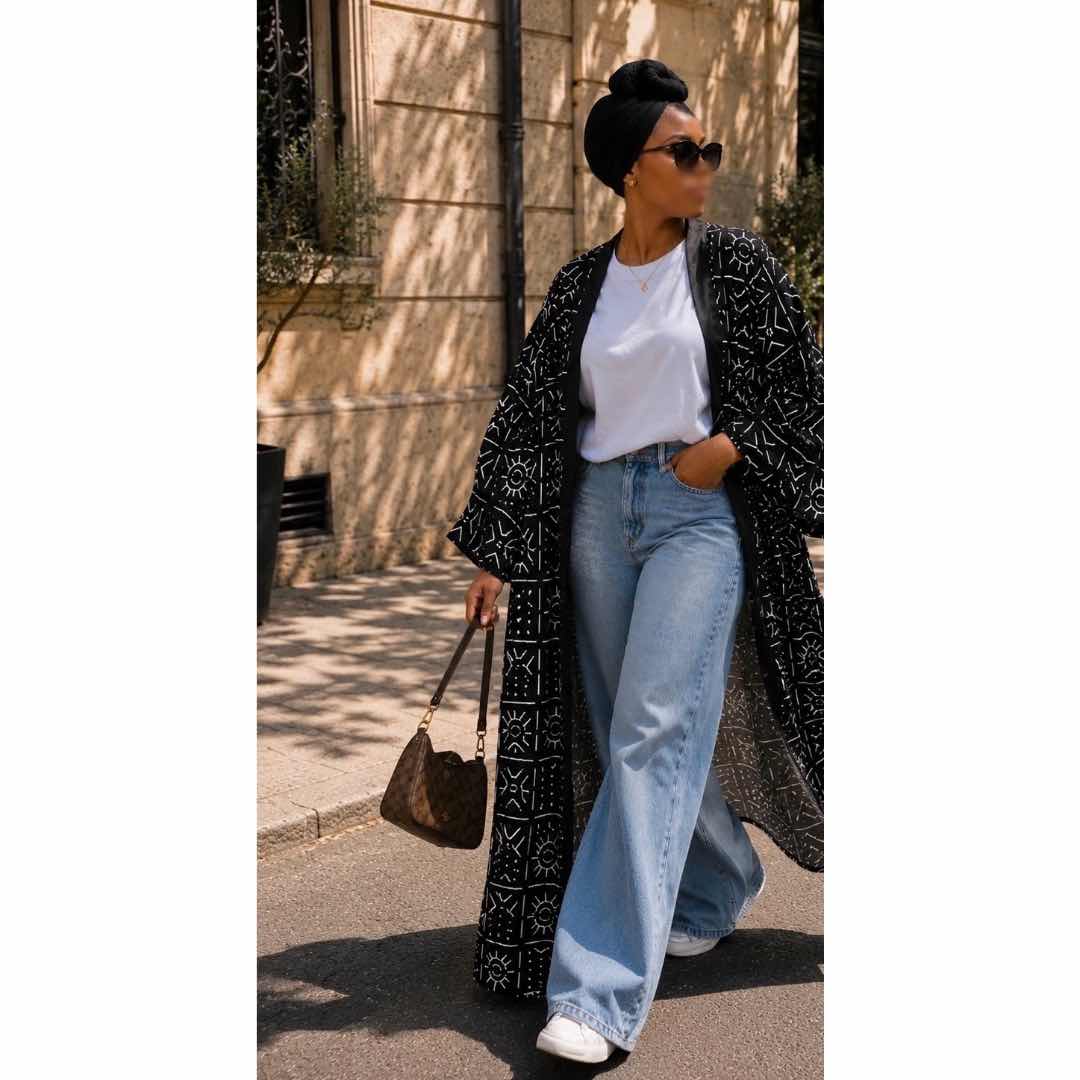 Kimono femme élégant long coton, manteau fluide noir et blanc chic