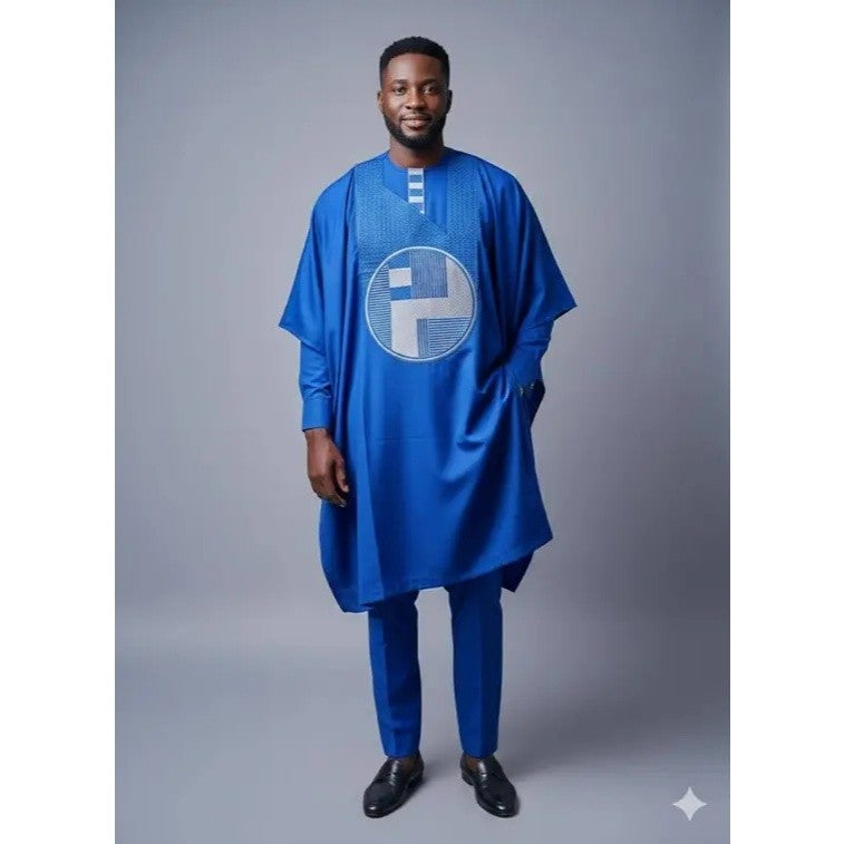 Tunique homme 3 pièces élégante, ensemble traditionnel bleu, cérémonie