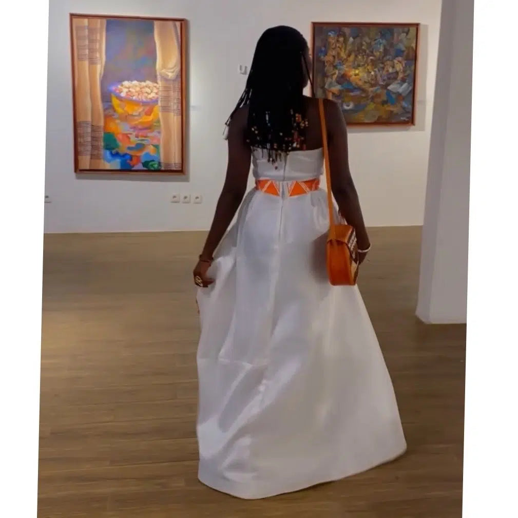 Robe blanche femme élégante longue chantoum peinte à la main, bohème chic