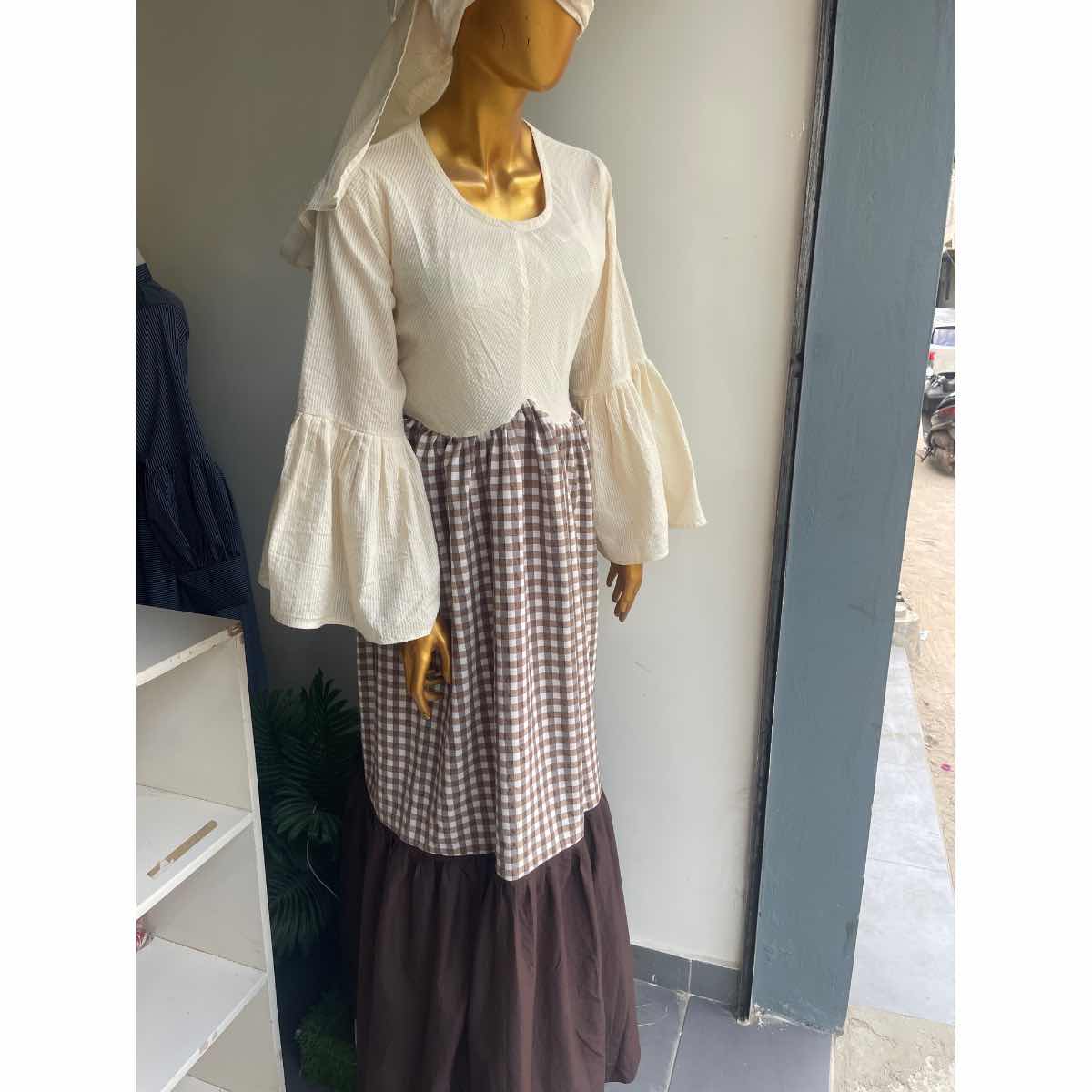 Robe femme longue marron beige, ample coton lin