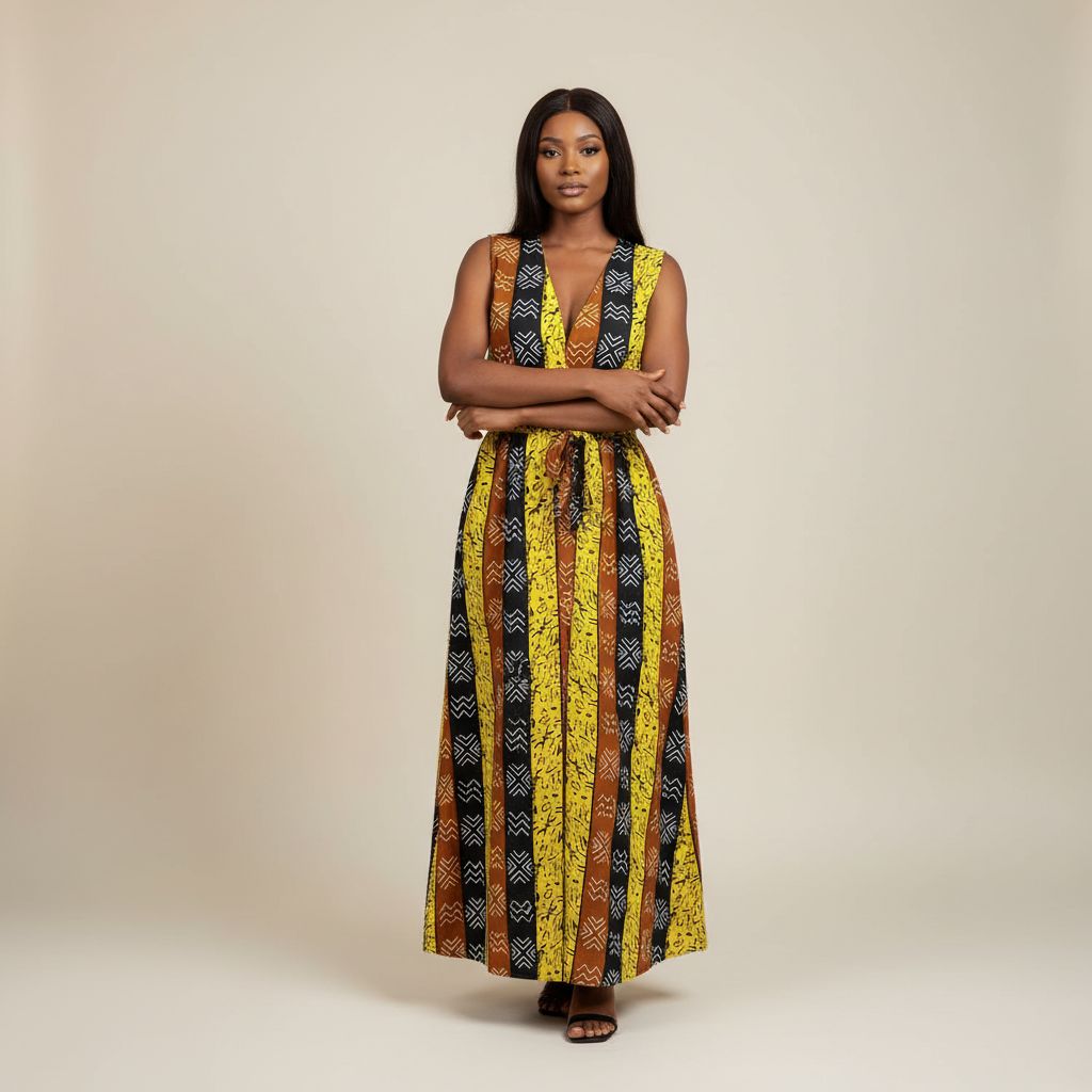 Kimono africain femme motif ethnique, jaune noir marron, chic et élégant